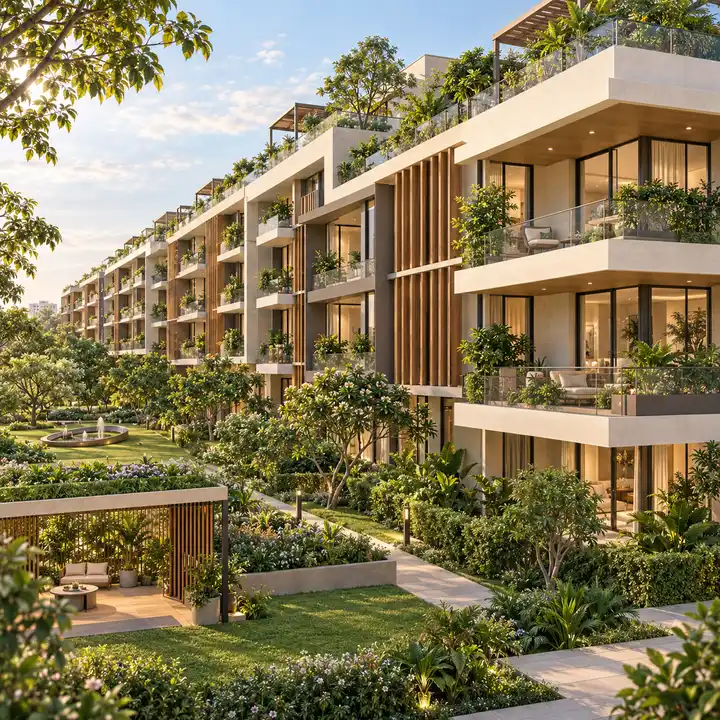 Krishvi Prana Hennur building exterior with planted balconies and timber screens, artist's impression