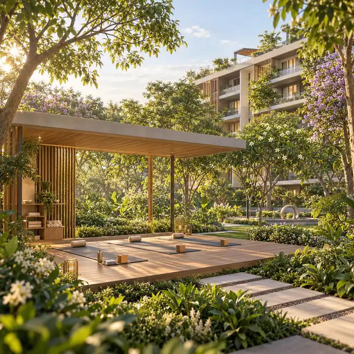 Krishvi Prana Hennur yoga deck among trees, artist's impression