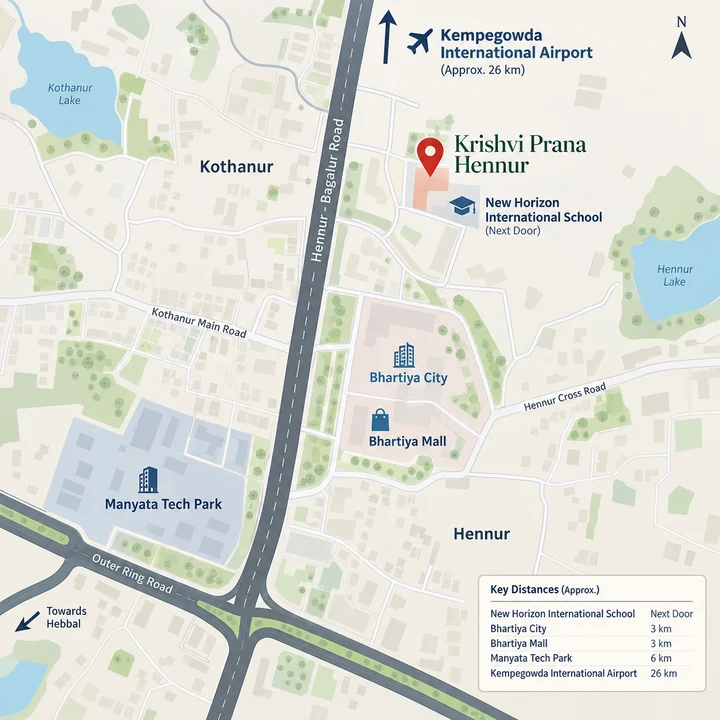 Krishvi Prana Hennur location map off Hennur-Bagalur Road with New Horizon International School, Bhartiya City and Manyata Tech Park